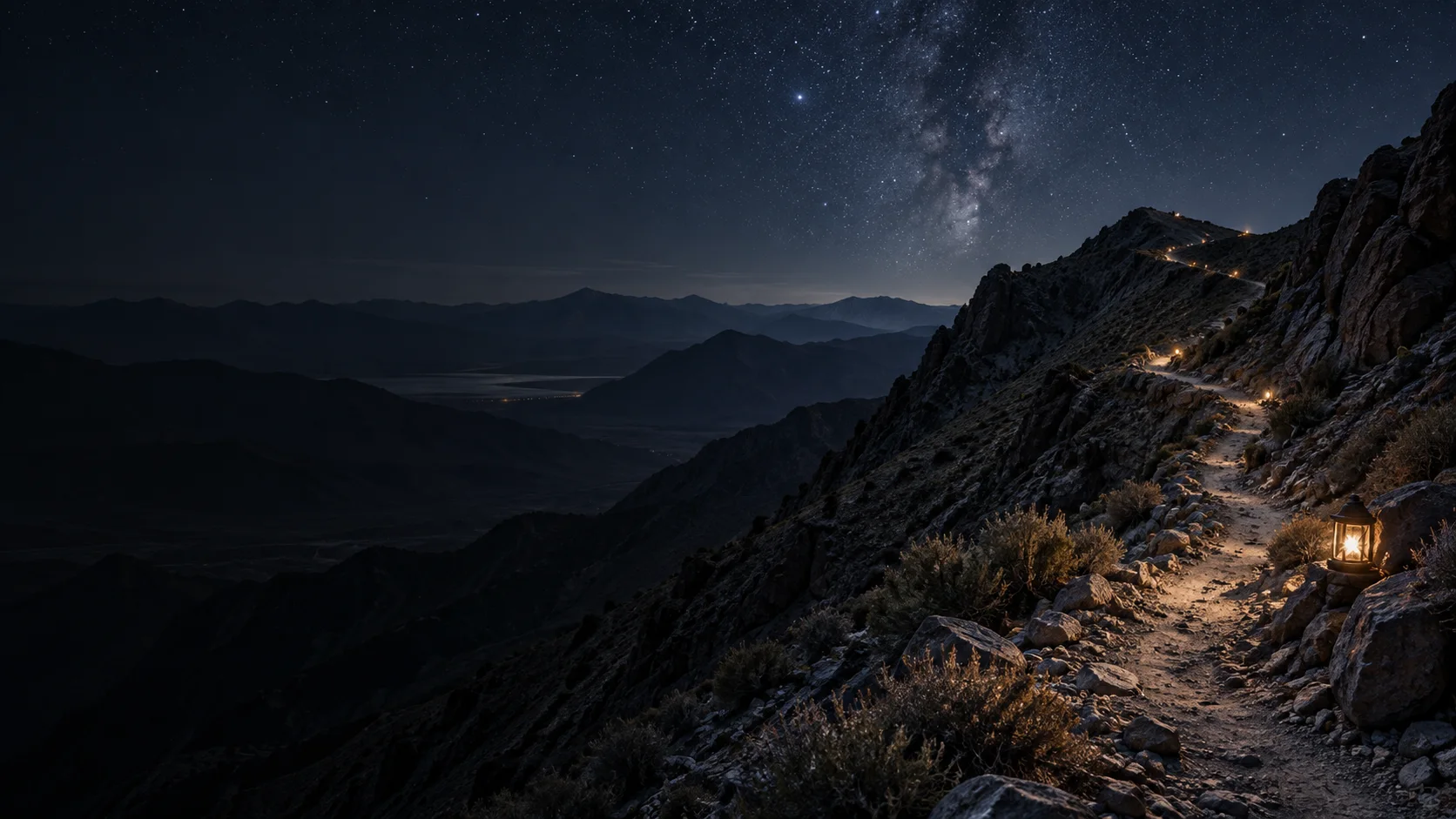 A lantern-lit alpine trail above a mountain valley beneath the Milky Way.