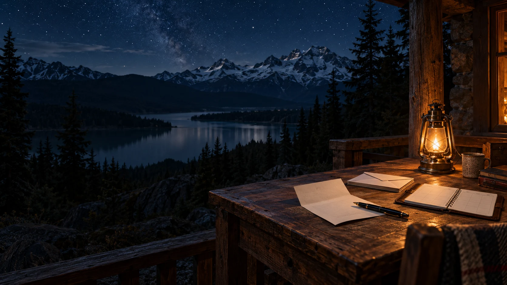 Letters, envelopes, a fountain pen, and an open planner on a lantern-lit cabin desk overlooking an alpine lake beneath a star-filled sky.