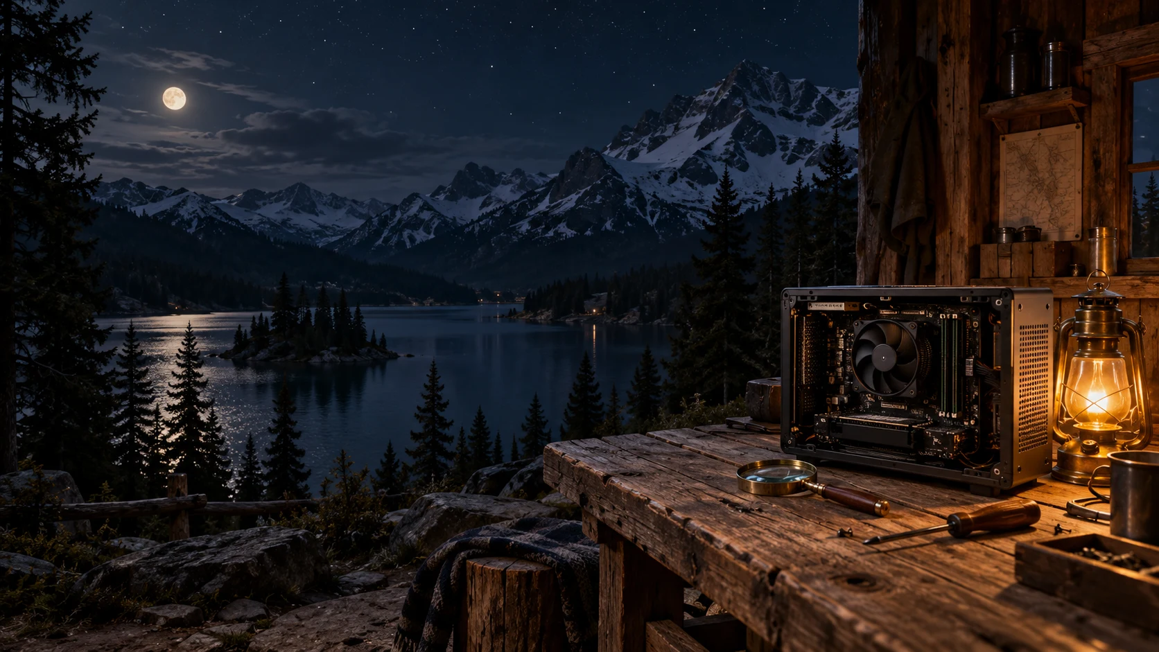 An open computer and inspection tools on a lantern-lit cabin workbench overlooking a moonlit alpine lake and mountains.