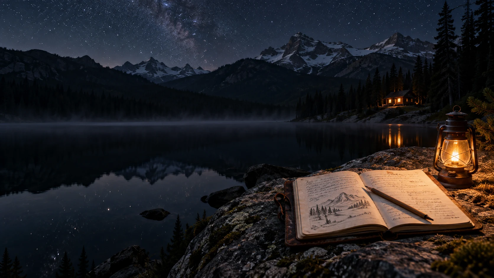 An open field journal and pencil beside a lantern on a rocky lakeshore, with a secluded cabin beneath a star-filled mountain sky.