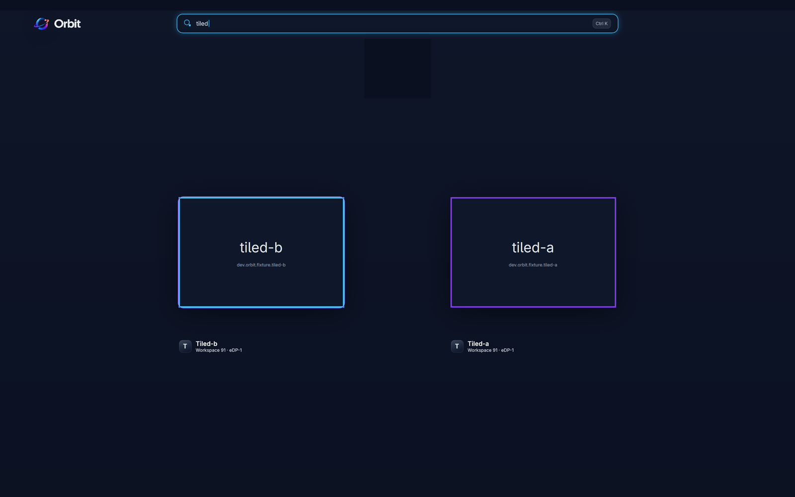 Orbit search filtering for tiled, with two matching test window cards and their workspace labels.
