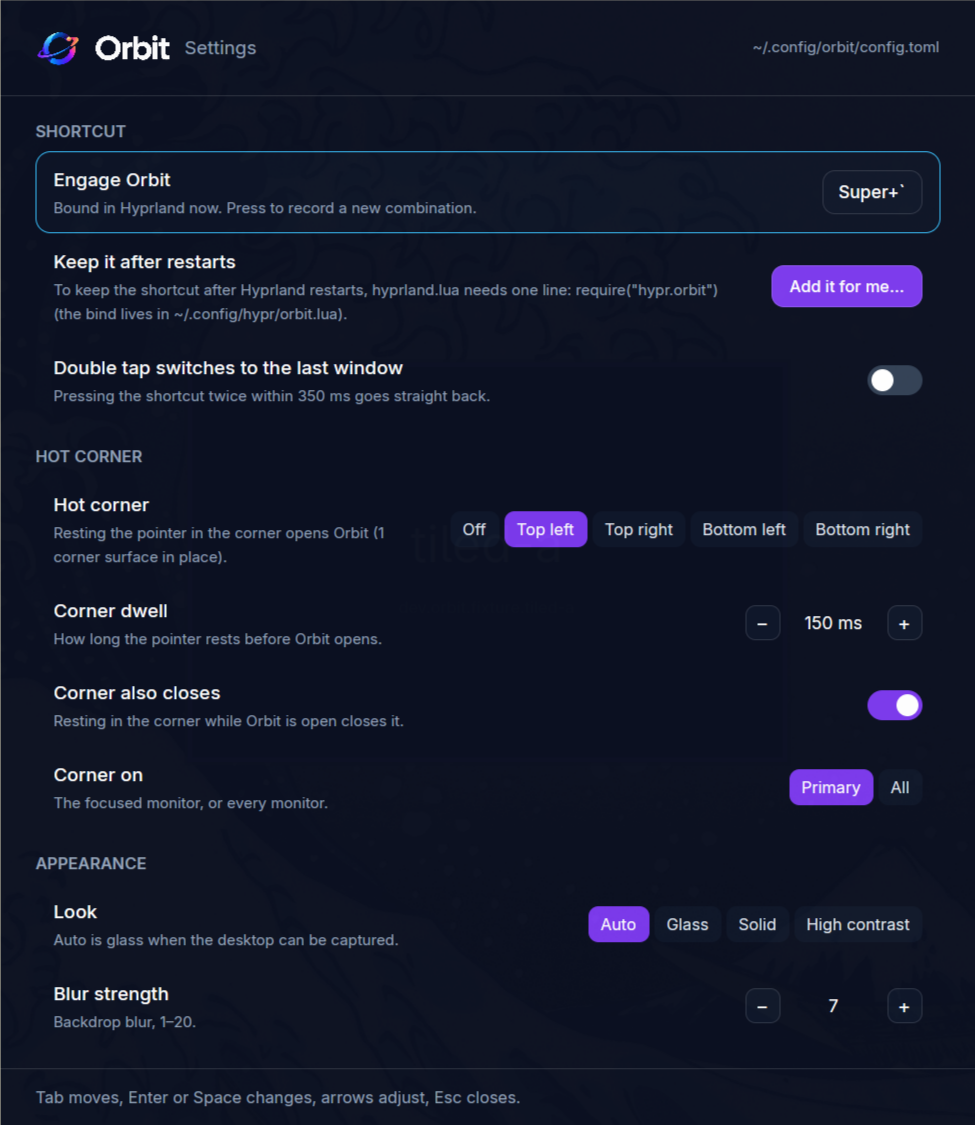 Orbit settings showing the shortcut, optional hot corner, and glass, solid, and high-contrast appearance controls.