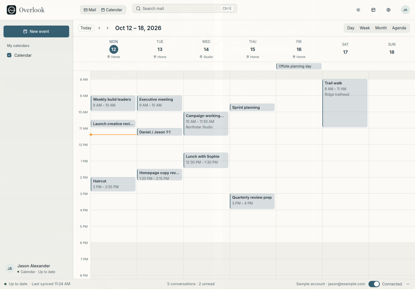 Overlook calendar in the Light theme, showing a week of sample meetings, overlapping events, and working hours.