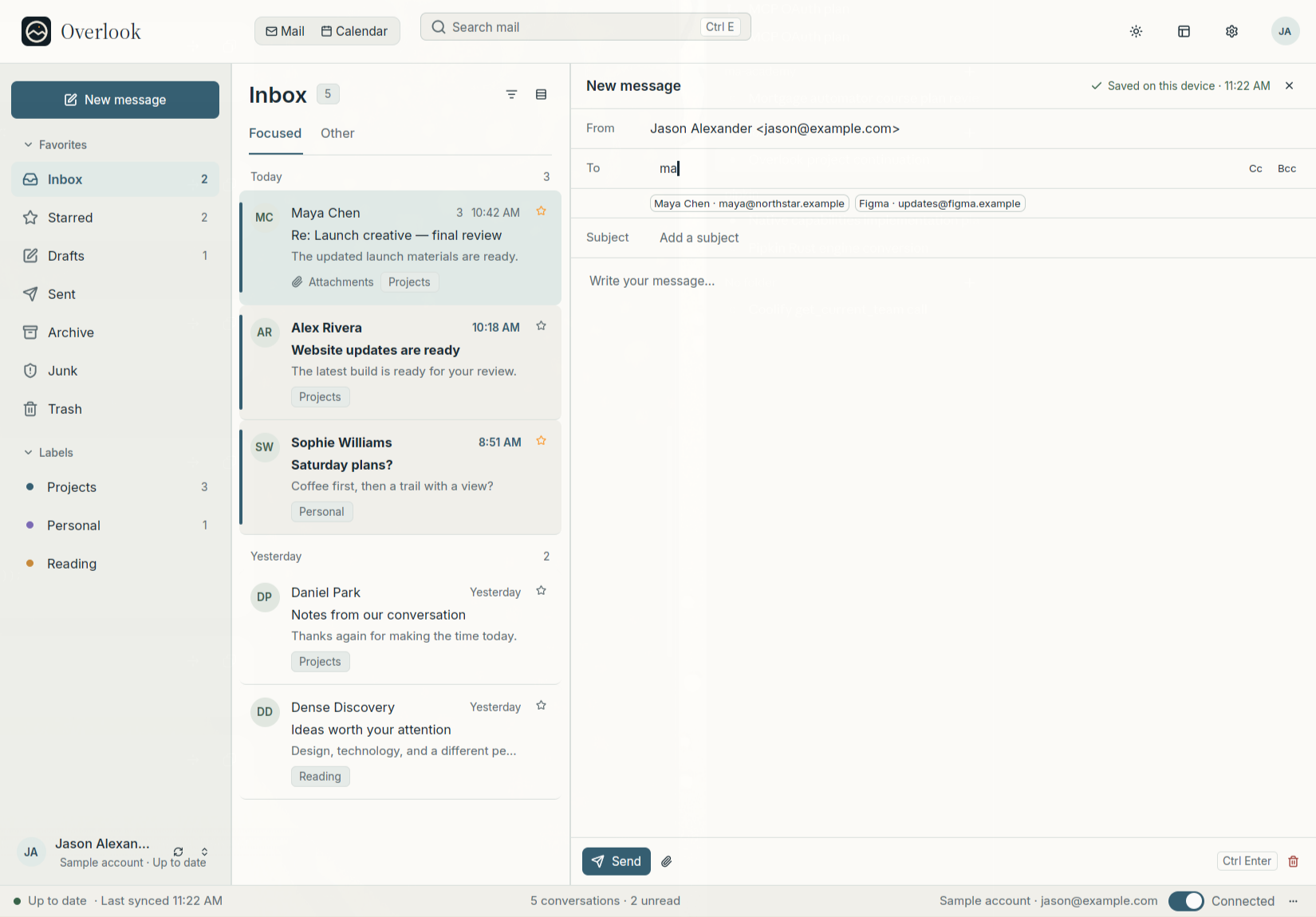 Overlook message composer in the Light theme, with recipient suggestions, a subject, and a draft message in the sample mailbox.