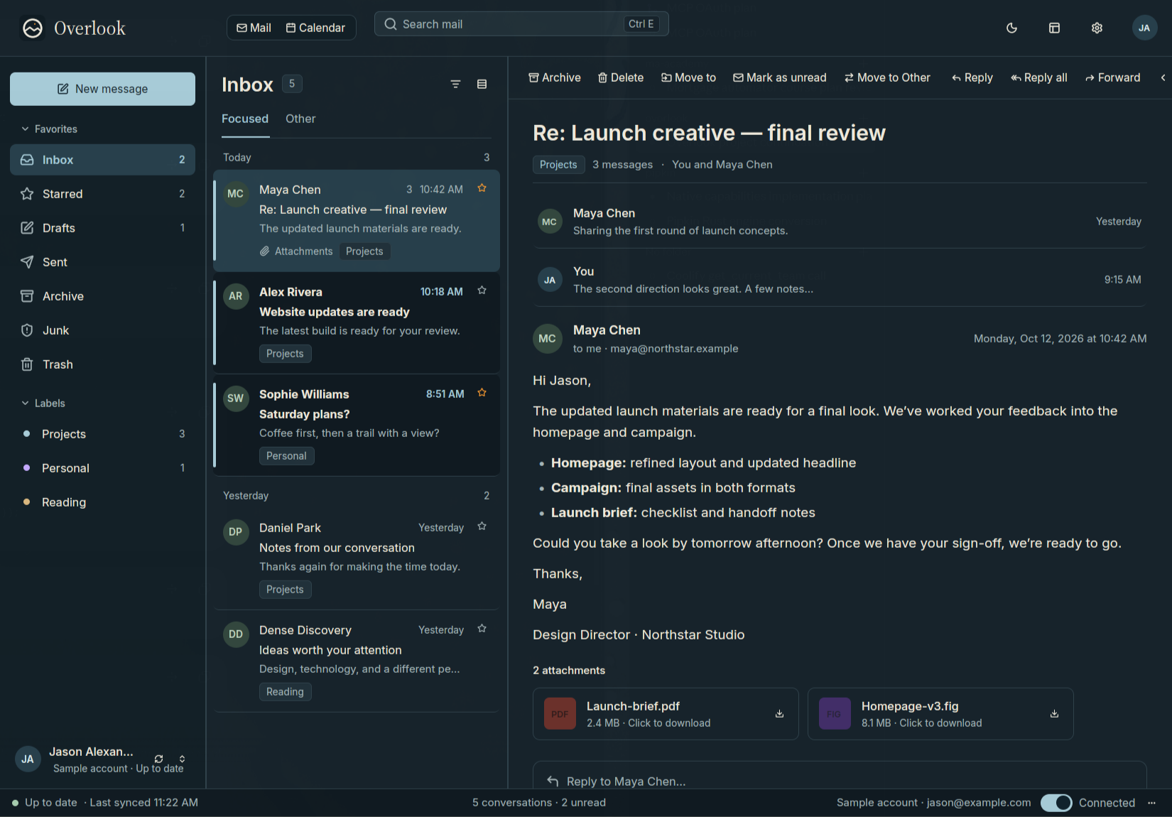 Overlook in the Dark theme, showing a Focused Inbox, folders, a message list, and a reading pane with fictional sample mail.