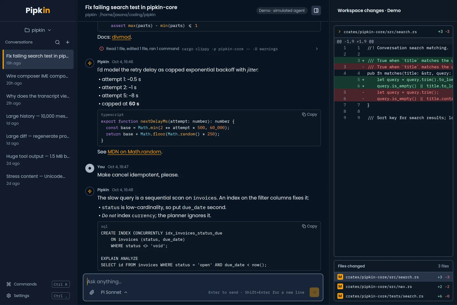 Pipkin demo window showing a conversation, tool activity, code and a changes pane.
